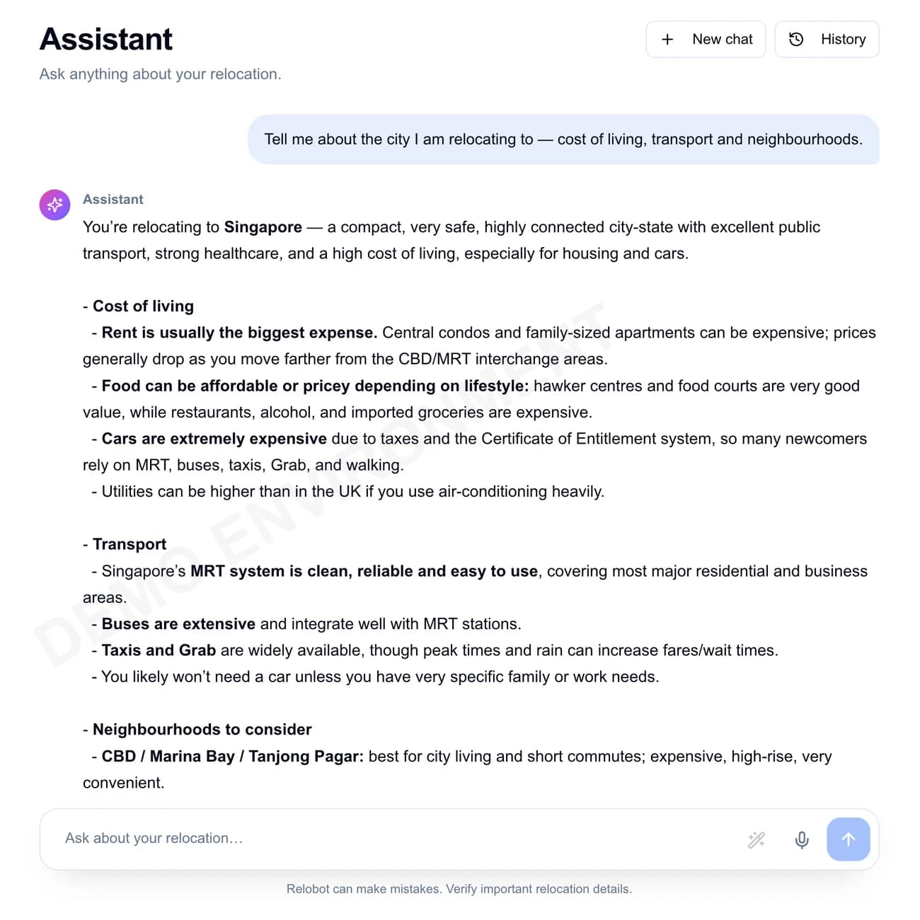 Relobot assistant answering a destination question about Singapore, including cost of living, transport, and neighborhoods, in the demo environment.