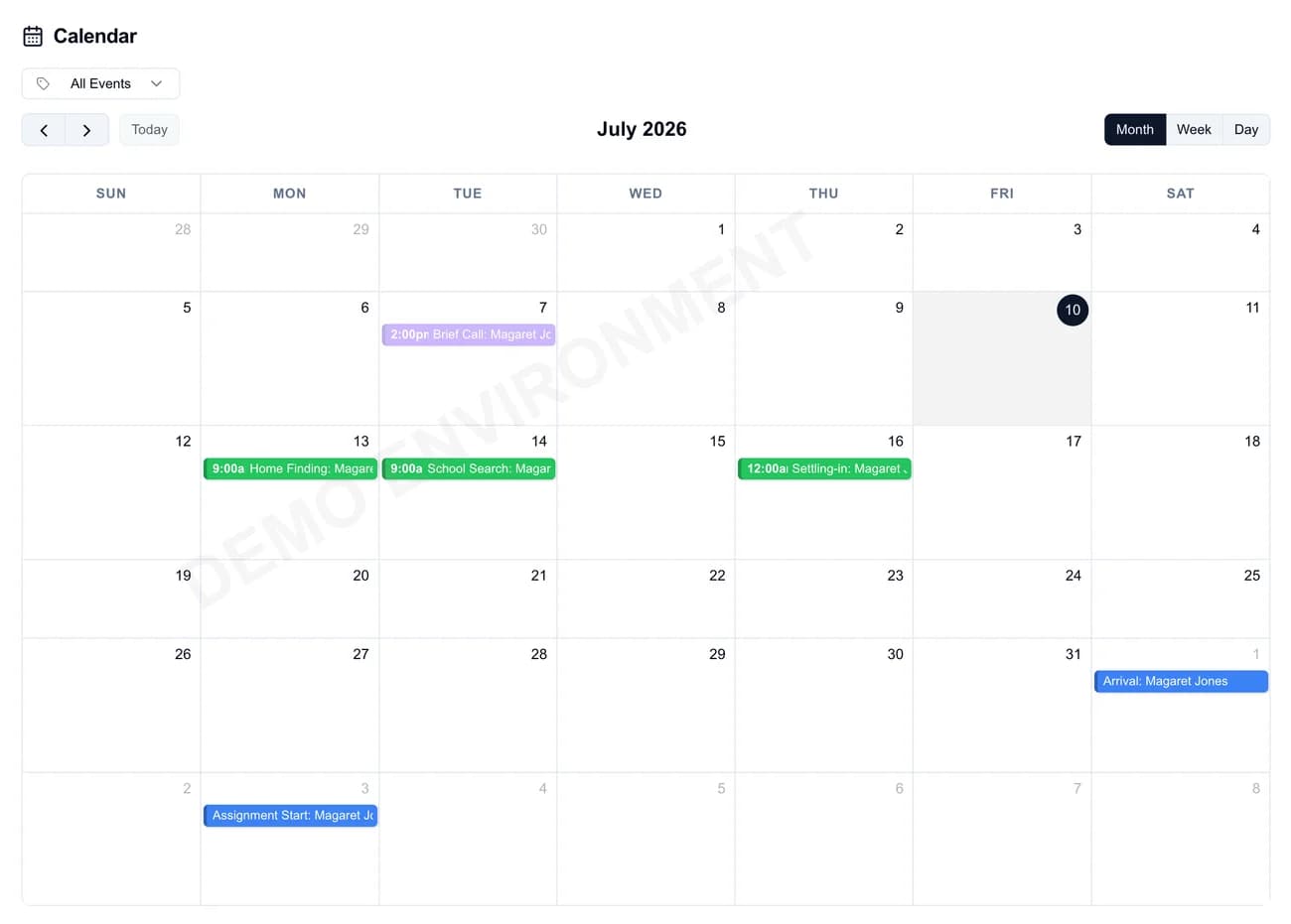 Relobot calendar showing color-coded briefing, home-finding, school-search, settling-in, and arrival events with month, week, and day controls using demo data.