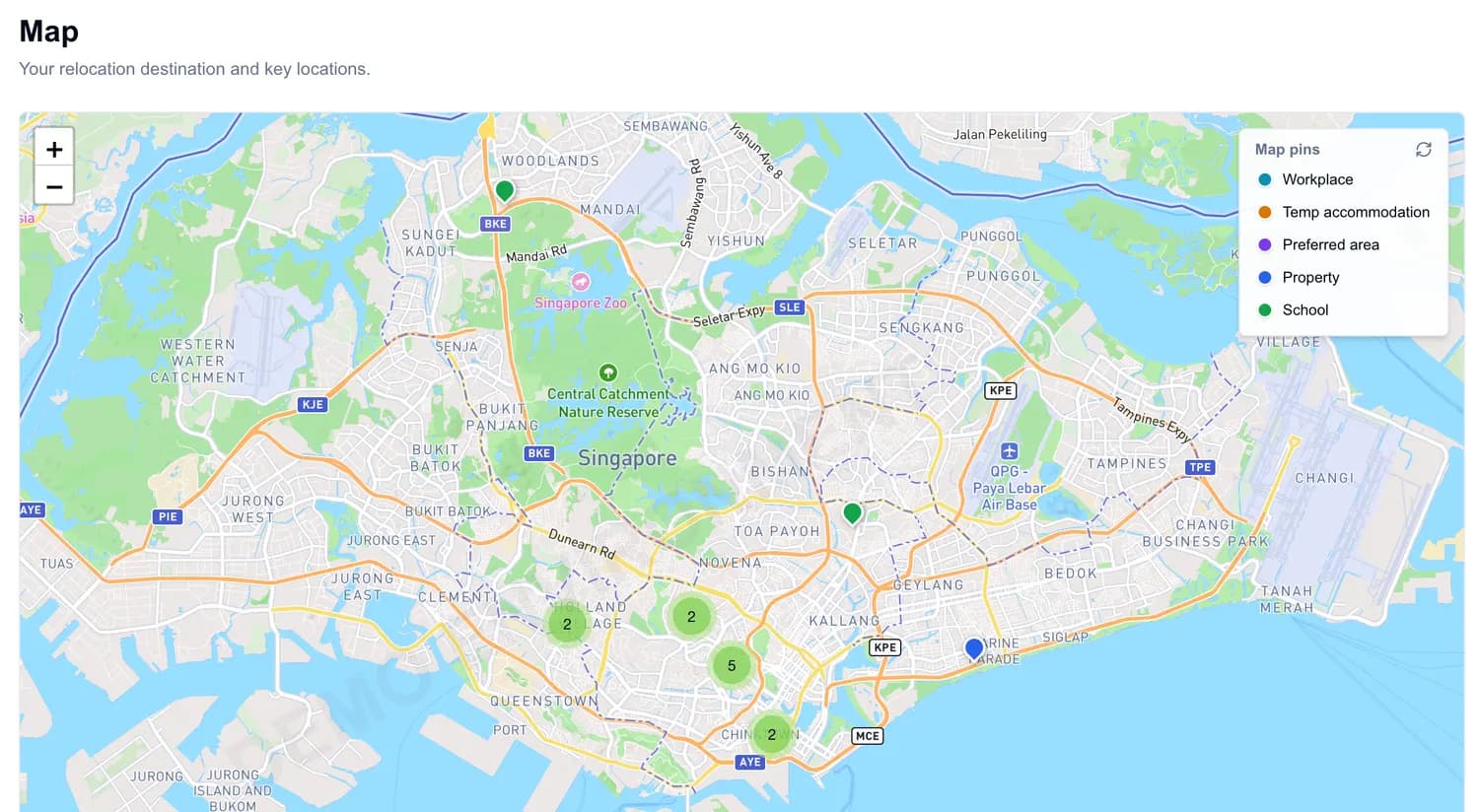 Relobot destination map of Singapore with a legend and pins for workplace, temporary accommodation, preferred areas, properties, and schools.
