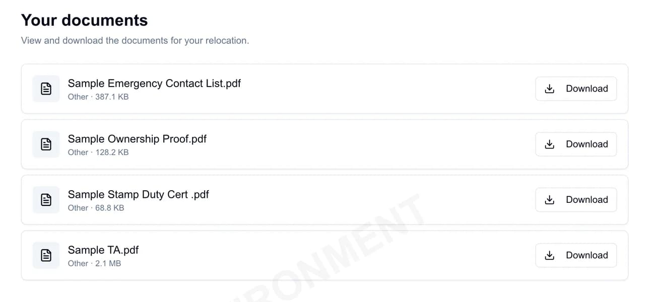 Relobot assignee documents page listing sample emergency contact, ownership, stamp duty, and tenancy agreement PDF files with download controls.