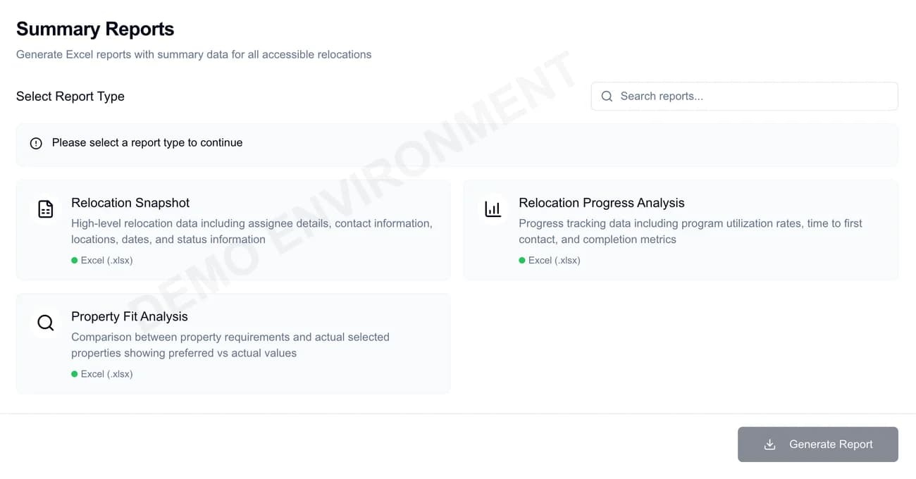 Relobot summary report selector with Relocation Snapshot, Relocation Progress Analysis, and Property Fit Analysis Excel exports.