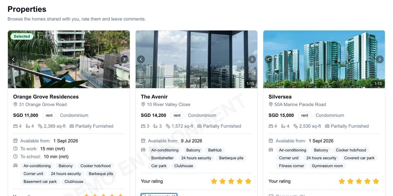 Three demo property cards comparing homes, prices, amenities, commute times, and assignee ratings.