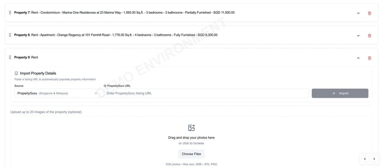 Relobot property import form lets a partner select PropertyGuru and enter a listing URL to populate property details.