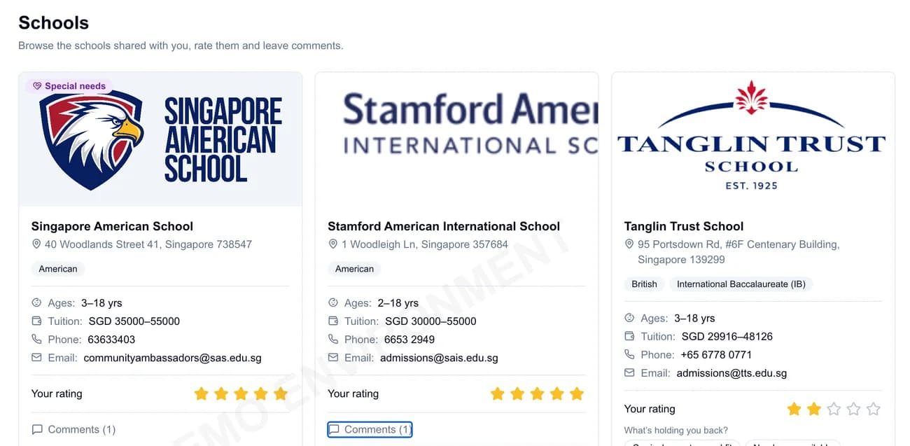 Relobot school comparison with school logos, curricula, age ranges, tuition, admissions contacts, and ratings in the demo environment.