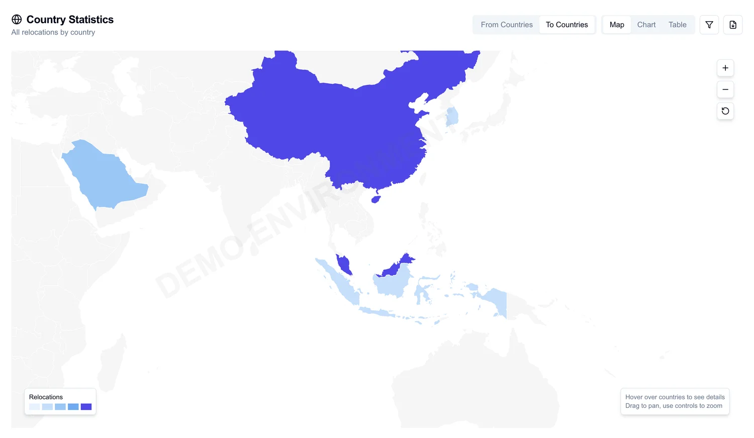 Relobot dashboard showing relocation activity across destinations using demo data.